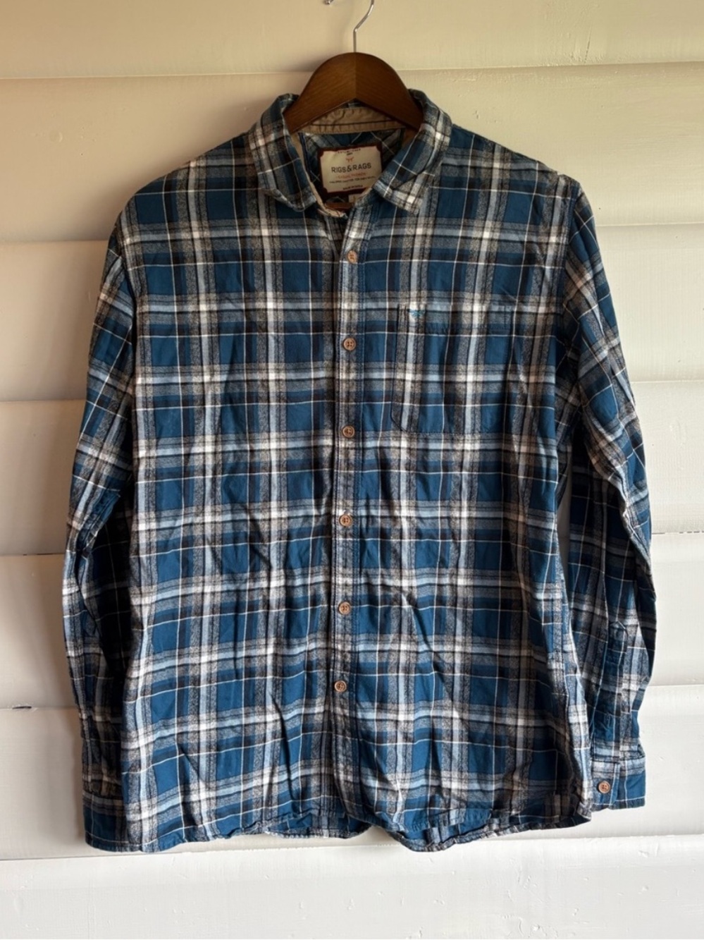 Rigs & Rags Blue Plaid Flannel Button Up Shirt Men’s Large Cotton